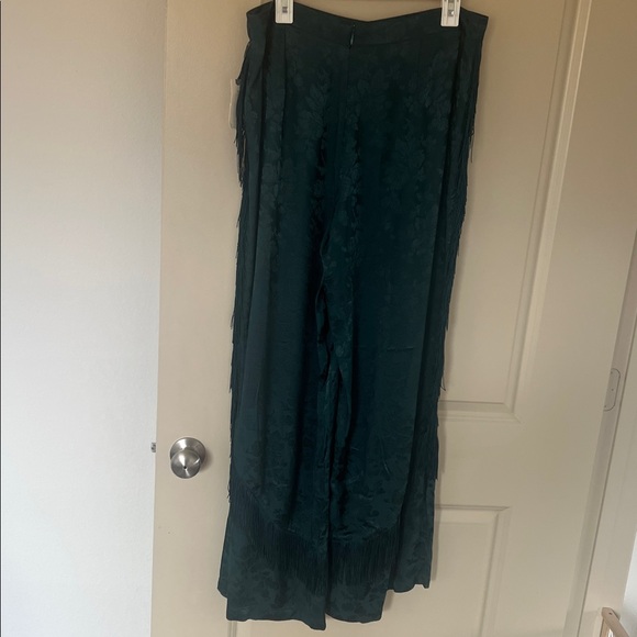 Anthropologie - Teal Jacquard Patterned Fringe Wide-Leg Trouser Pants - 14 - Picture 6 of 13
